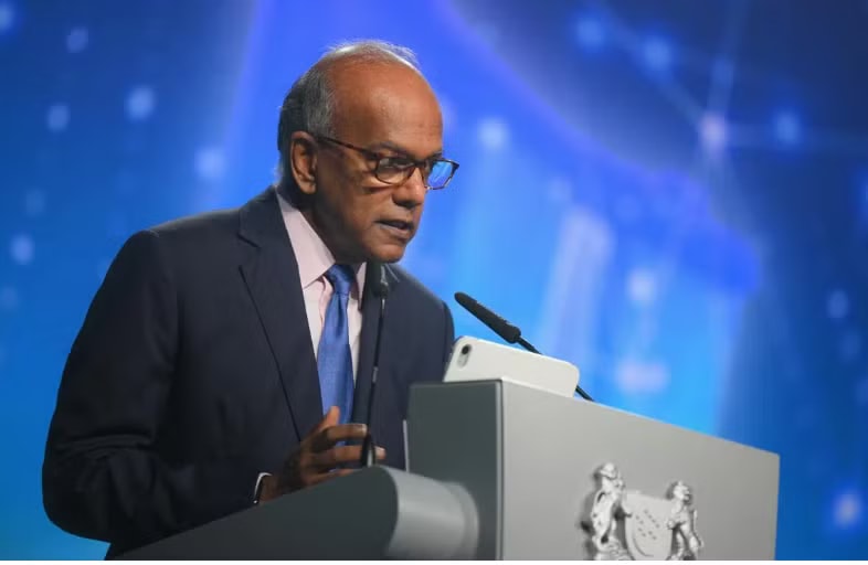 Singapore's Coordinating Minister for National Security and Home Affairs Minister K. Shanmugam speaks at the Milipol TechX Summit on April 28 (Photo: The Straits Times)