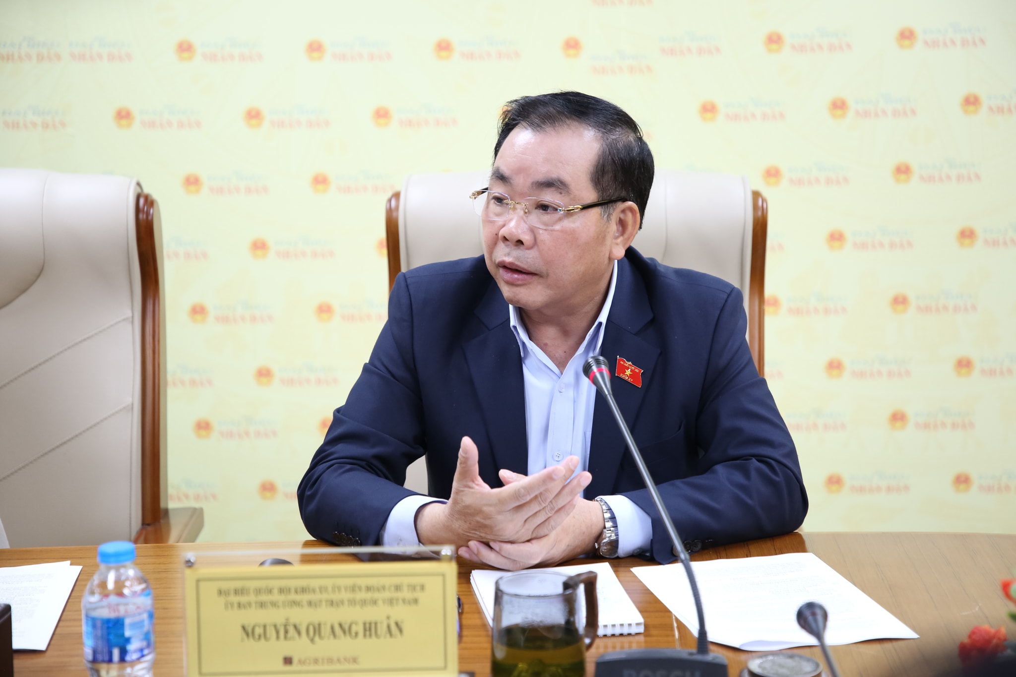 Ông Nguyễn Quang Huân, Đại biểu Quốc hội Khóa XV, Ủy viên Đoàn Chủ tịch Ủy ban Trung ương Mặt trận Tổ quốc Việt Nam phát biểu tại Toạ đàm. Ảnh: Duy Thông
