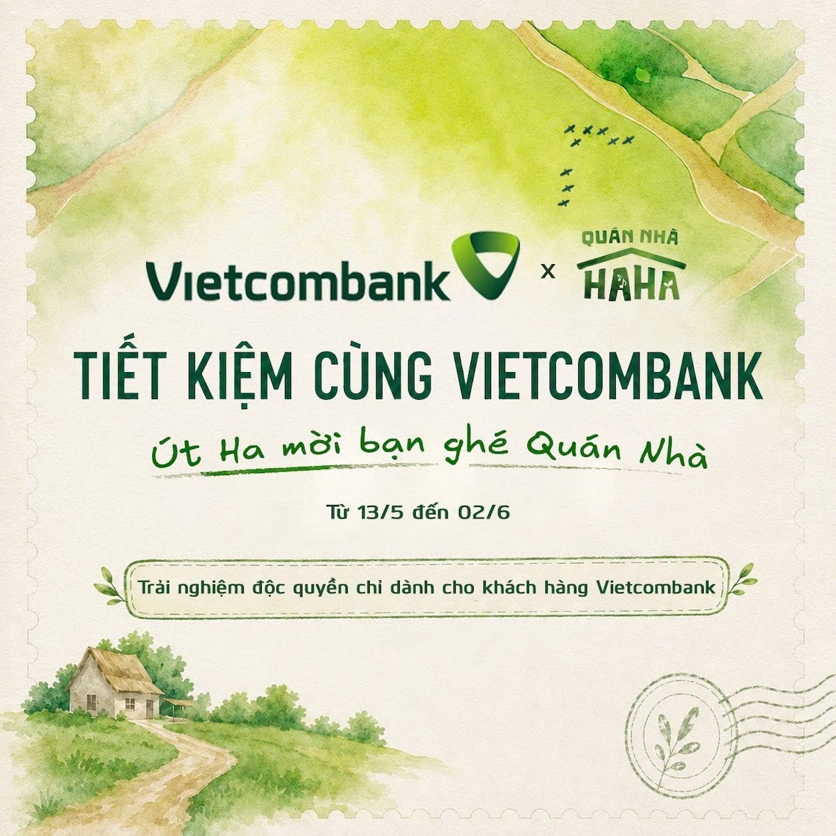 Giai đoạn đầu của chương trình sẽ diễn ra từ ngày 13/5 đến 2/6/2026, “Tiết kiệm cùng Vietcombank, Út Ha mời bạn ghé Quán Nhà” mở ra những cơ hội tận hưởng đặc quyền trải nghiệm lối sống có 1-0-2. Ảnh: Hồng Nhung