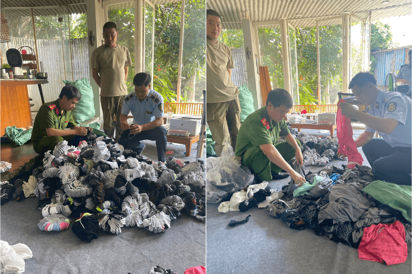 Đội Quản lý Thị trường số 22 và lực lượng Công an phối hợp kiểm tra, phát hiện số lượng lớn sản phẩm mang dấu hiệu giả mạo nhãn hiệu. ảnh QLTT