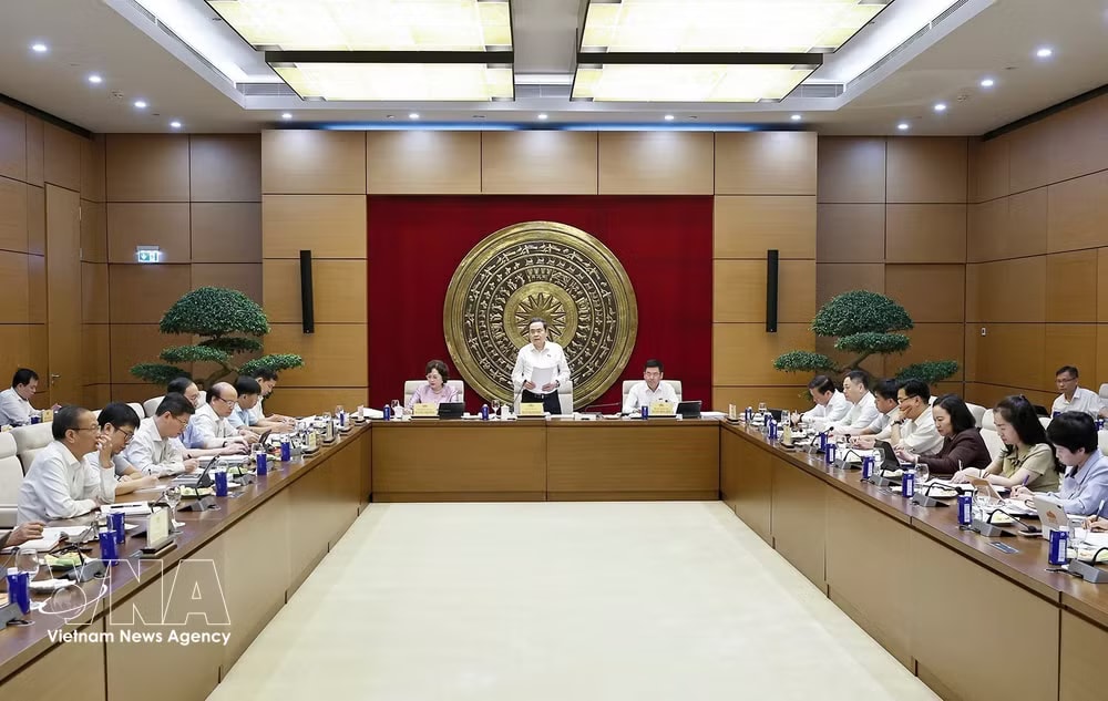 NA Chairman Tran Thanh Man speaks at the working session with standing members of the NA's Committee for Economic and Financial Affairs in Hanoi on May 20. (Photo: VNA) vnanet-man2.jpg