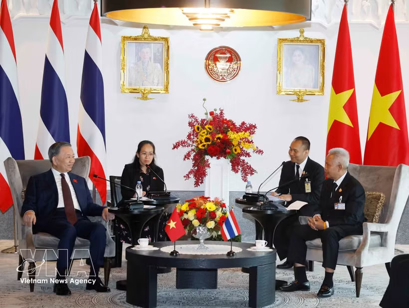 General Secretary of the Communist Party of Vietnam Central Committee and State President To Lam (L) meét with President of the Thai National Assembly and Speaker of the House of Representatives Sophon Saram on May 28. (Photo: VNA)