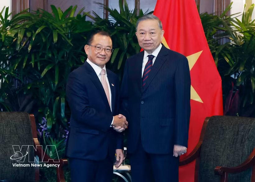 General Secretary of the Communist Party of Vietnam Central Committee and State President To Lam (R) meets with Speaker of the Parliament of Singapore Seah Kian Peng. (Photo: VNA)
