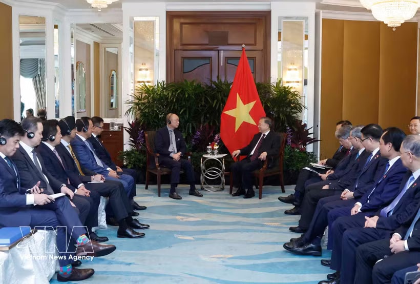 General Secretary of the Communist Party of Vietnam Central Committee and State President To Lam (right) meets Wee Ee Cheong, Deputy Chairman and CEO of United Overseas Bank (UOB) (Photo: VNA)