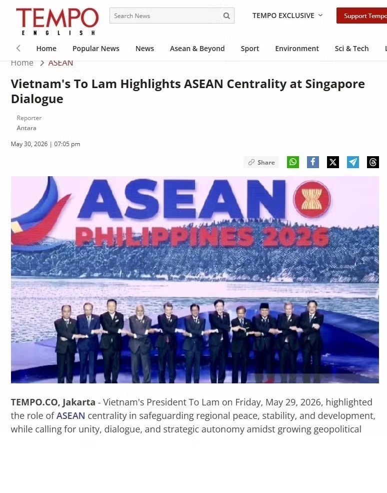 Tempo's article on the keynote address delivered by General Secretary of the Communist Party of Vietnam Central Committee and State President To Lam at the 23rd Shangri-La Dialogue in Singapore. Photo published by VNA