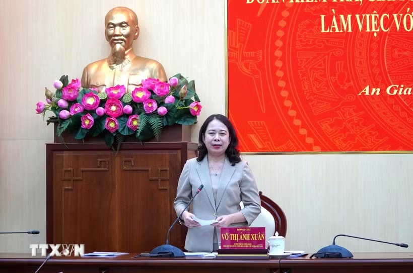 Bí thư Trung ương Đảng, Phó Chủ tịch nước Võ Thị Ánh Xuân phát biểu tại buổi làm việc. (Ảnh: Văn Sĩ/TTXVN)