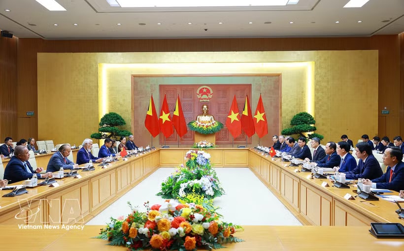 The talks between Vietnamese PM Le Minh Hung and his Timor-Leste counterpart Rala Xanana Gusmao in Hanoi on June 9 (Photo: VNA)