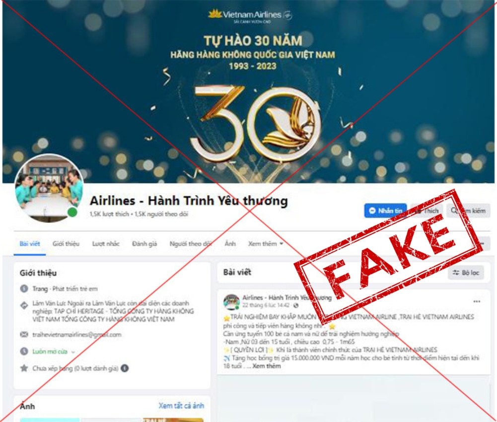 Ảnh 1_ Một số trang mạng xã hội giả mạo Vietnam Airlines, sử dụng tên gọi và hình ảnh liên quan đến hàng không để quảng bá các chương trình trải nghiệm, hướng nghiệp và hoạt động dành cho trẻ em.