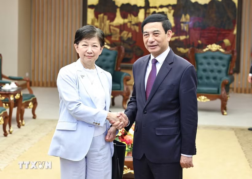 Đại tướng Phan Văn Giang, Ủy viên Bộ Chính trị, Phó Thủ tướng Chính phủ, Bộ trưởng Bộ Quốc phòng tiếp bà Izumi Nakamitsu, Phó Tổng Thư ký Liên hợp quốc và Đại diện cấp cao về Giải trừ quân bị. (Ảnh: Minh Đức/TTXVN)