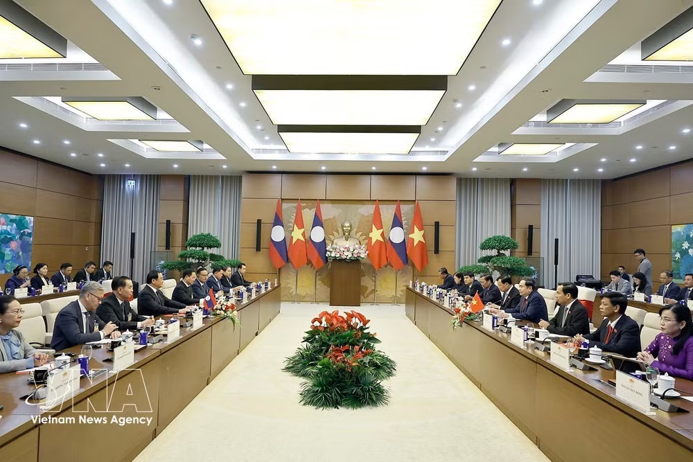 At the meeting between NA Chairman Tran Thanh Man and Lao Prime Minister Sonexay Siphandone in Hanoi on June 8 (Photo: VNA) vnanet-d.jpg