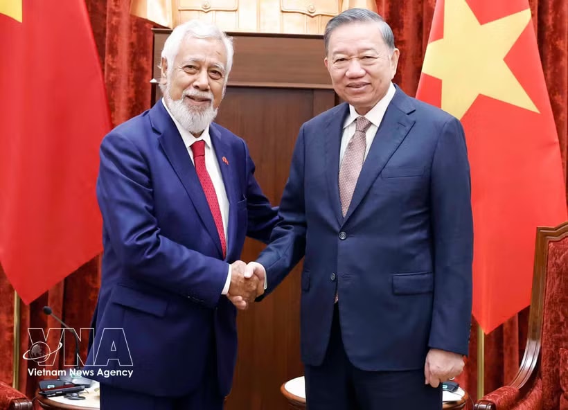 General Secretary of the Communist Party of Vietnam (CPV) Central Committee and State President To Lam (right) and Prime Minister of Timor-Leste Kay Rala Xanana Gusmão at their meeting in Hanoi on June 10 (Photo: VNA)