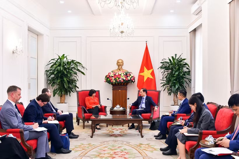 Foreign Minister Le Hoai Trung meets with UK Parliamentary Under-Secretary of State Seema Malhotra in Hanoi on June 10, 2026, as part of the British official’s visit to Vietnam. (Photo: Ministry of Foreign Affairs)