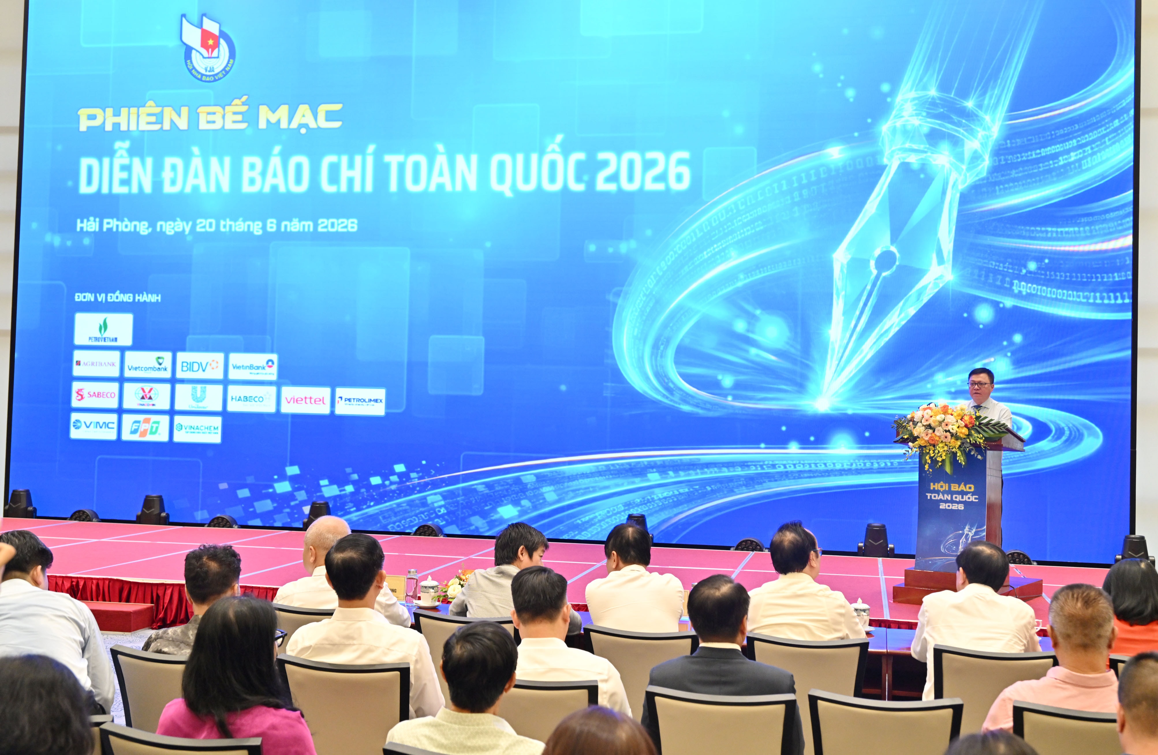 Phó Trưởng Ban Tuyên giáo và Dân vận Trung ương, Tổng Biên tập báo Nhân dân, Chủ tịch Hội Nhà báo Việt Nam Lê Quốc Minh phát biểuVQK_5215