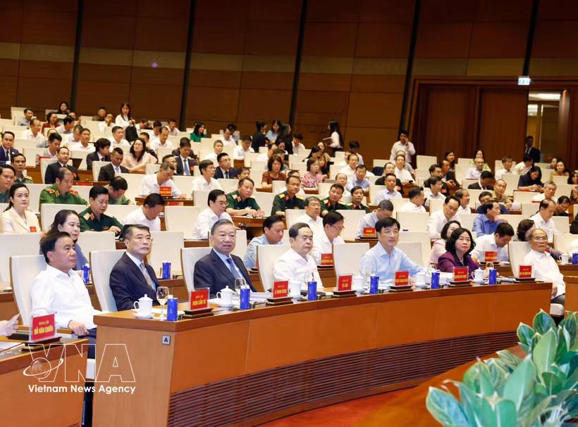 Party General Secretary and State President To Lam (3rd from left, first row) and other leaders at the conference. (Photo: VNA)