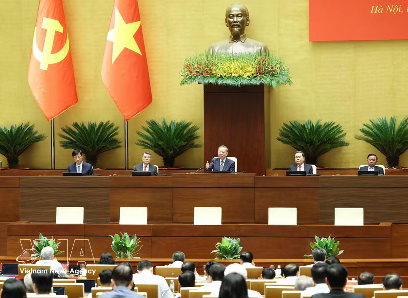 Party General Secretary and State President To Lam (centre) chairs the conference. (Photo: VNA)