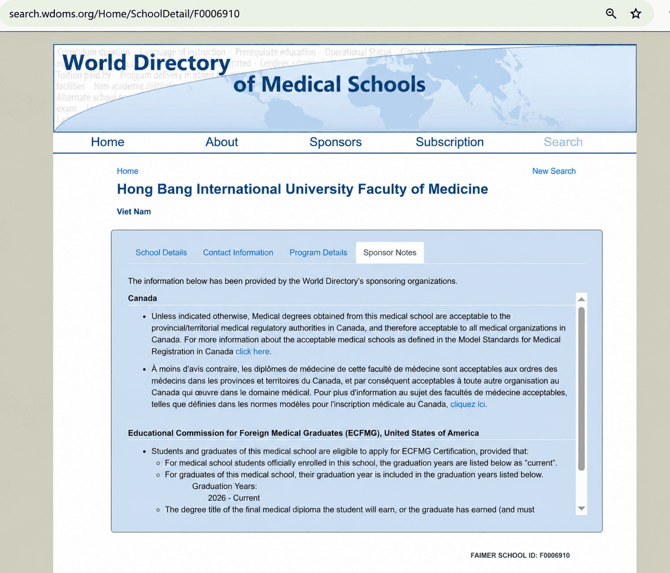 Thông tin Sponsor Notes của HIU trên World Directory of Medical Schools. 