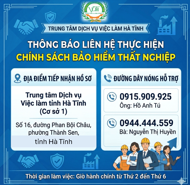 Trung tâm Dịch vụ việc làm Hà Tĩnh thông báo địa điểm tiếp nhận, giải quyết chính sách Bảo hiểm thất nghiệp . Ảnh VLHT