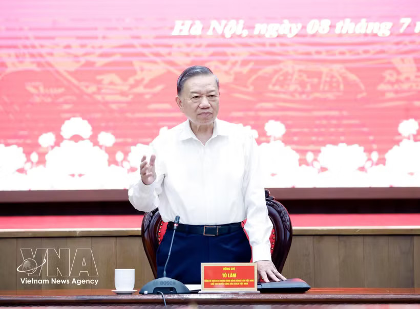 Party General Secretary and State President To Lam speaks at the working session with the municipal Party Committee on July 8 (Photo: VNA)