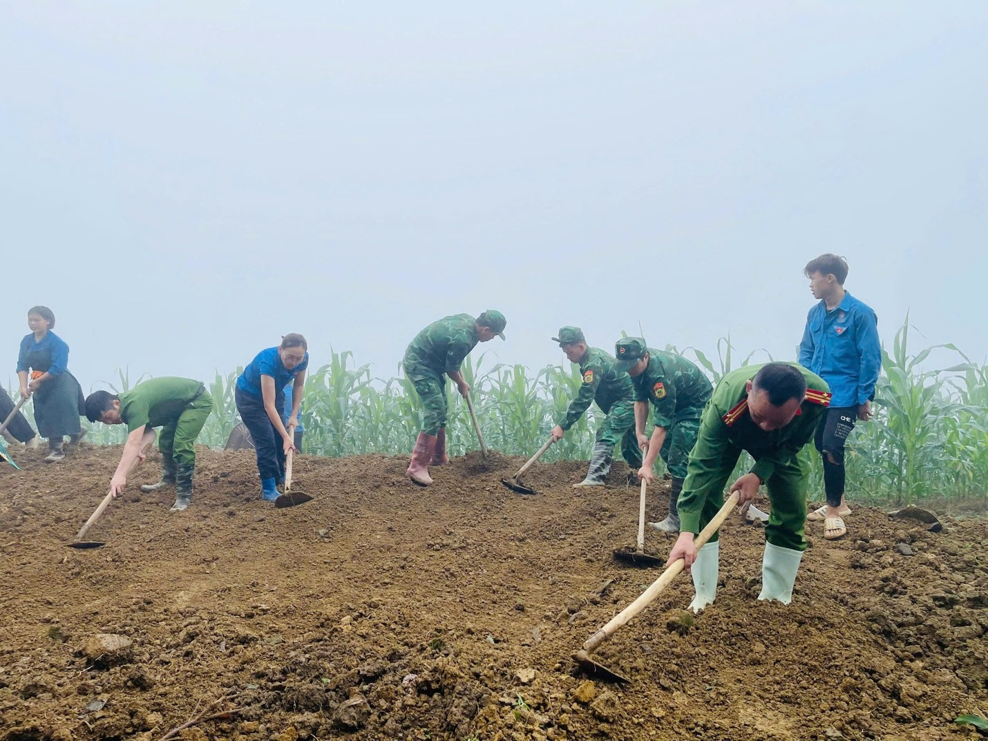 Lực lượng Bộ đội Biên phòng, Công an và đoàn viên thanh niên tỉnh Tuyên Quang cùng san gạt mặt bằng, chuẩn bị nền móng xây dựng nhà ở cho hộ nghèo.
