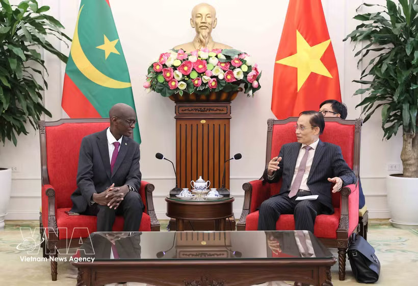 Minister of Foreign Affairs Le Hoai Trung (R) and Minister in charge of the General Secretariat of the Mauritanian Government, Moctar Al Housseynou Lam. (Photo: VNA)