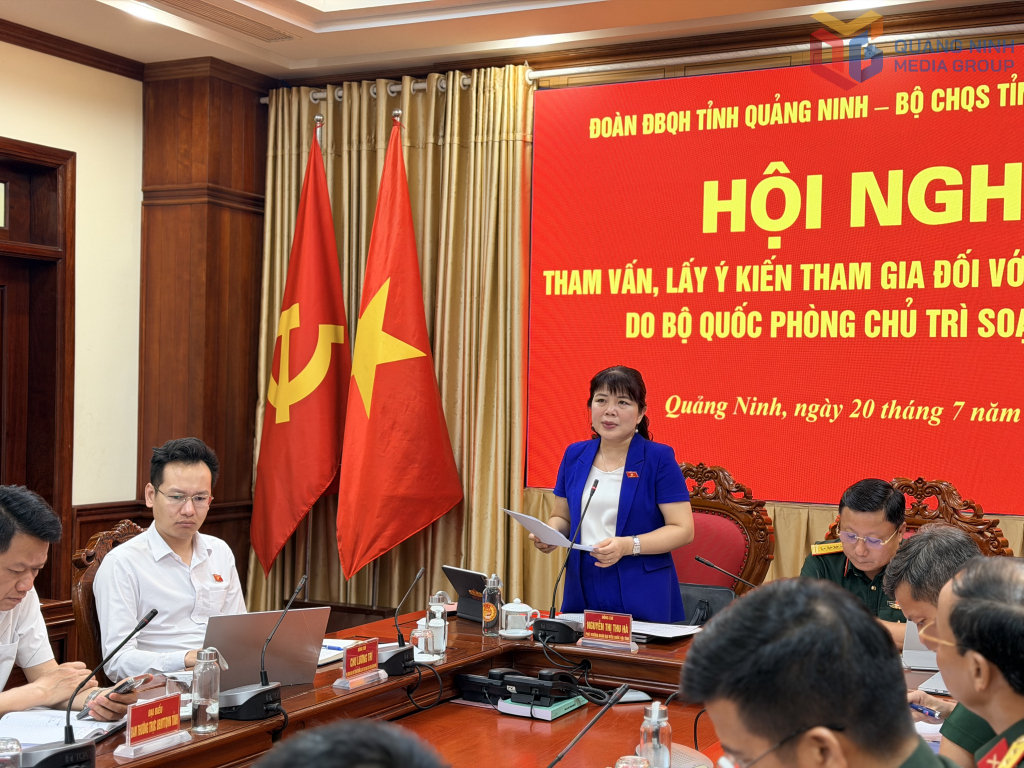 Đồng chí Nguyễn Thị Thu Hà, Phó trưởng Đoàn ĐBQH tỉnh, phát biểu tại hội nghị.