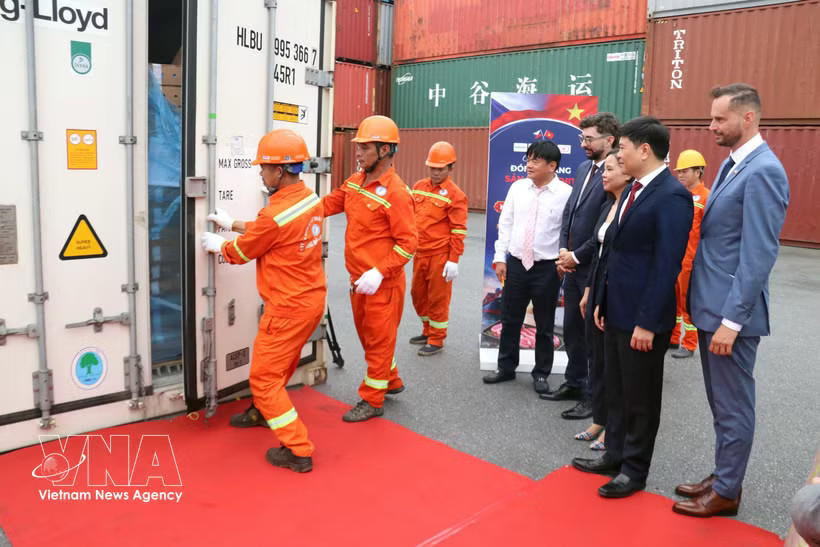 Representatives of relevant parties witness the arrival of the shipment. (Photo: VNA)