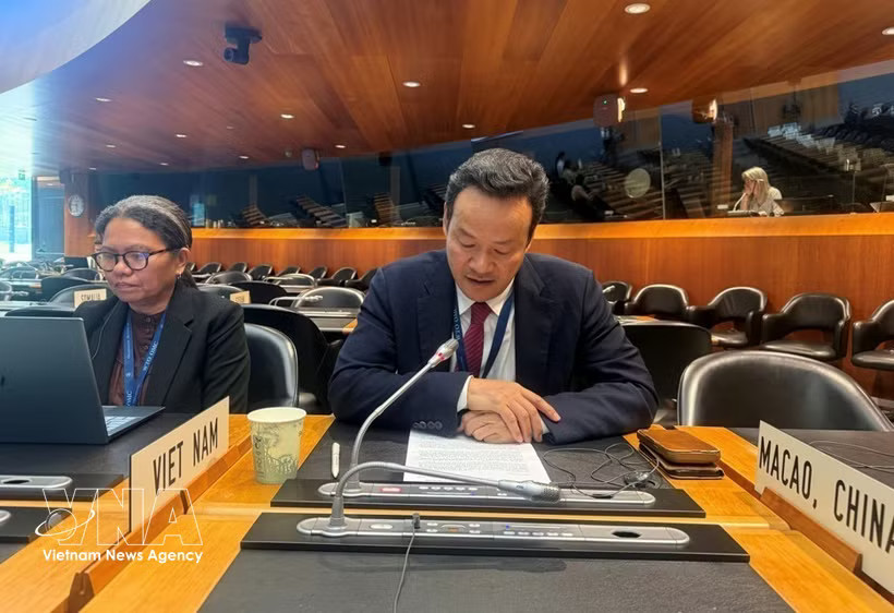 Ambassador Mai Phan Dung, Permanent Representative of Vietnam to the United Nations, the World Trade Organisation (WTO) and other international organisations in Geneva, speaks at the eight WTO Trade Policy Review of India. (Photo: VNA)