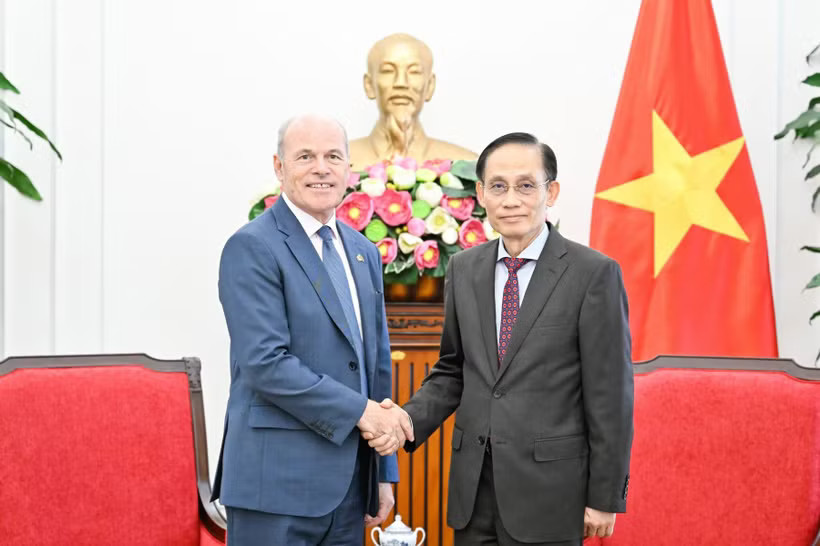 Minister of Foreign Affairs Le Hoai Trung (R) receives Canadian Ambassador to Vietnam James Nickel. (Photo: Ministry of Foreign Affairs)
