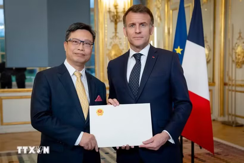 Vietnamese Ambassador to France Trinh Duc Hai (L) presents his credentials to French President Emmanuel Macron in March 2026. (Photo published by VNA)