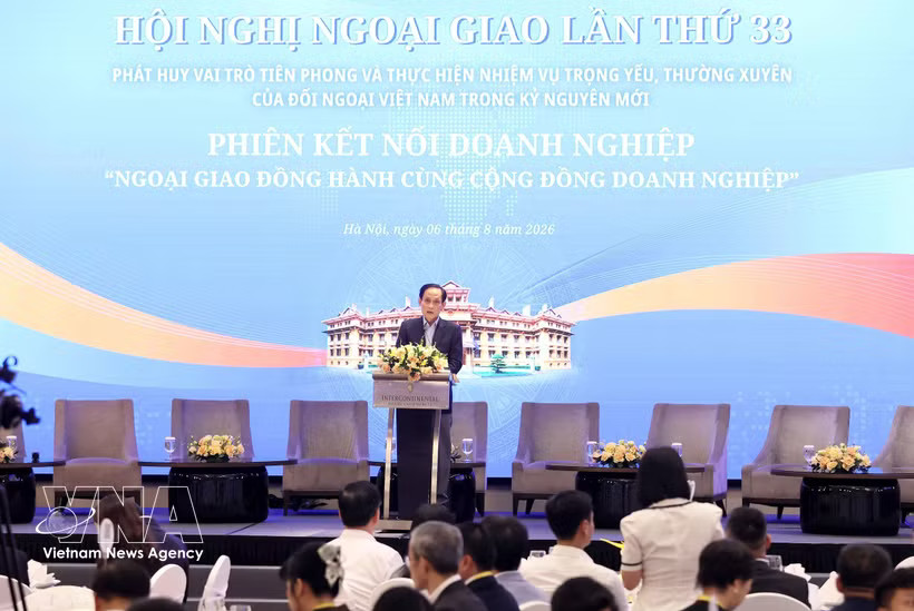 Politburo member and Minister of Foreign Affairs Le Hoai Trung speaks at the networking session with business community on August 6. (Photo: VNA)
