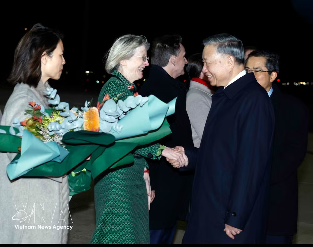 Australian officials, along with officials and staff of the Vietnamese Embassy and other Vietnamese representative agencies in Australia, welcome Party General Secretary and President To Lam at Canberra Airport on August 10, 2026. (Photo: VNA) vnanet-to-lam-canberra2.jpg