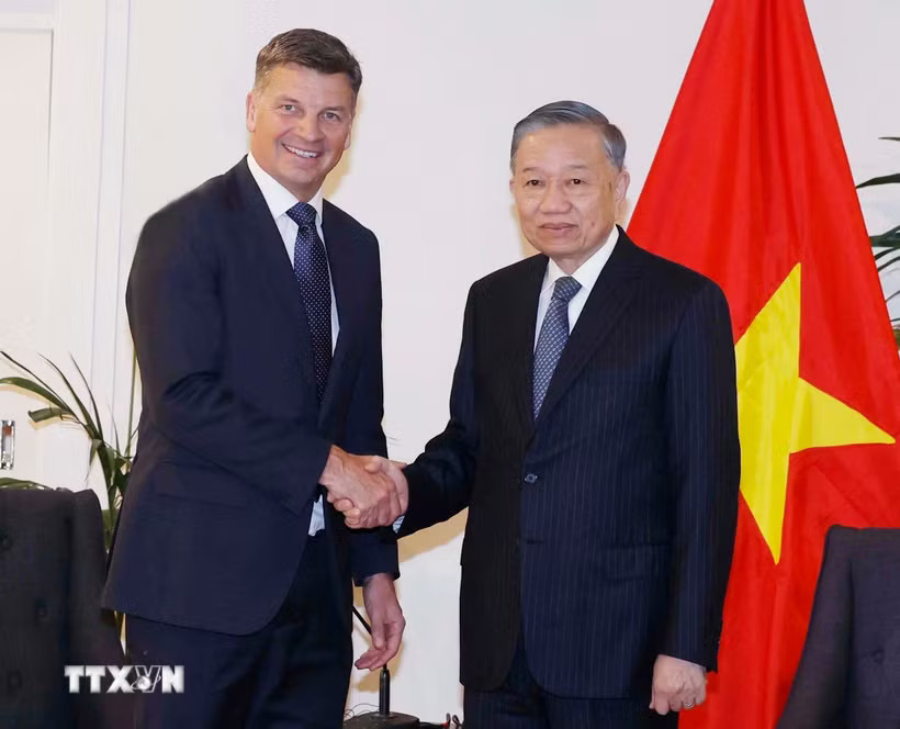 Tổng Bí thư, Chủ tịch nước Tô Lâm tiếp ông Angus Taylor, Lãnh đạo Liên đảng đối lập, Chủ tịch Đảng Tự do Australia. (Ảnh: Thống Nhất/TTXVN)