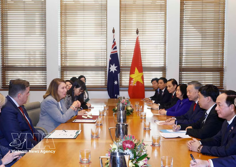 General Secretary of the Communist Party of Vietnam Central Committee and President of Vietnam To Lam meets with President of the Australian Senate Sue Lines and Speaker of the House of Representatives Milton Dick in Canberra on August 11 (Photo: VNA)