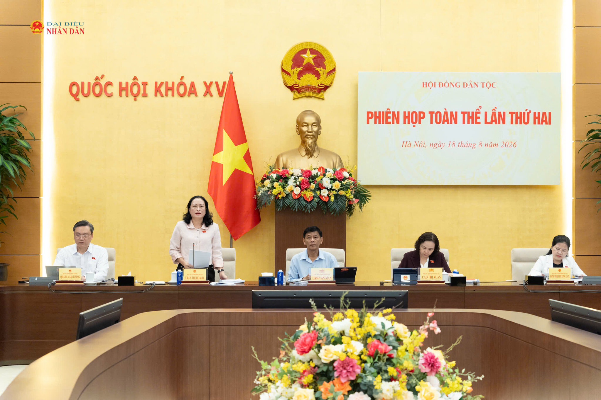 Phó Chủ tịch Hội đồng Dân tộc Trần Thị Hoa Ry trình bày dự thảo Báo cáo thẩm tra