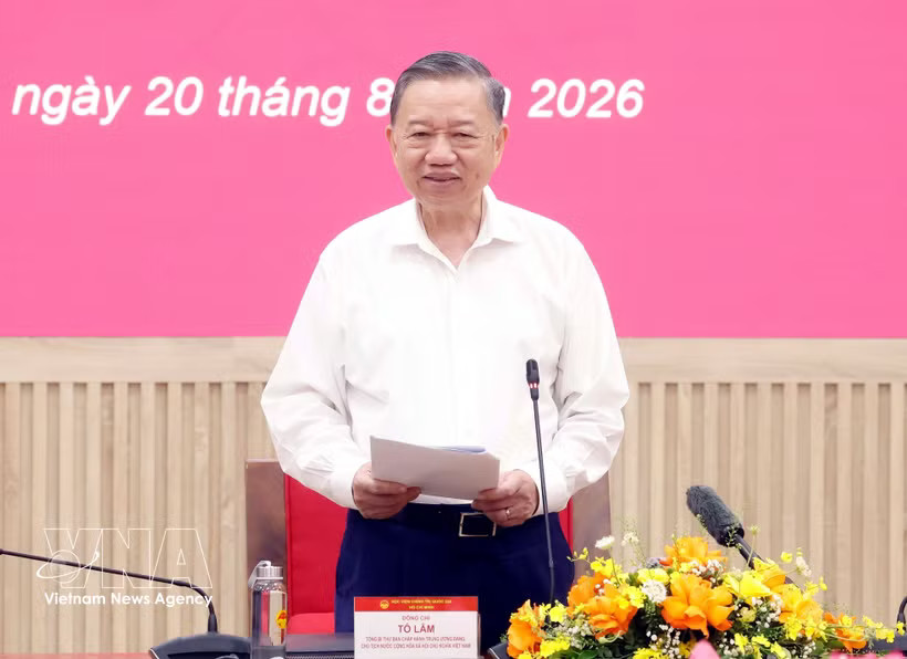 General Secretary of the Communist Party of Vietnam Central Committee and President To Lam speaks at the working session with the Ho Chi Minh National Academy of Politics' key leaders on August 20. (Photo: VNA)