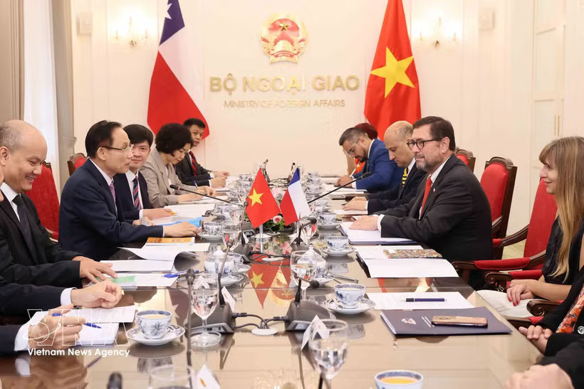 Vietnamese Foreign Minister Le Hoai Trung holds talks with Chilean Foreign Minister Francisco Pérez Mackenna on August 23 (Photo: VNA)
