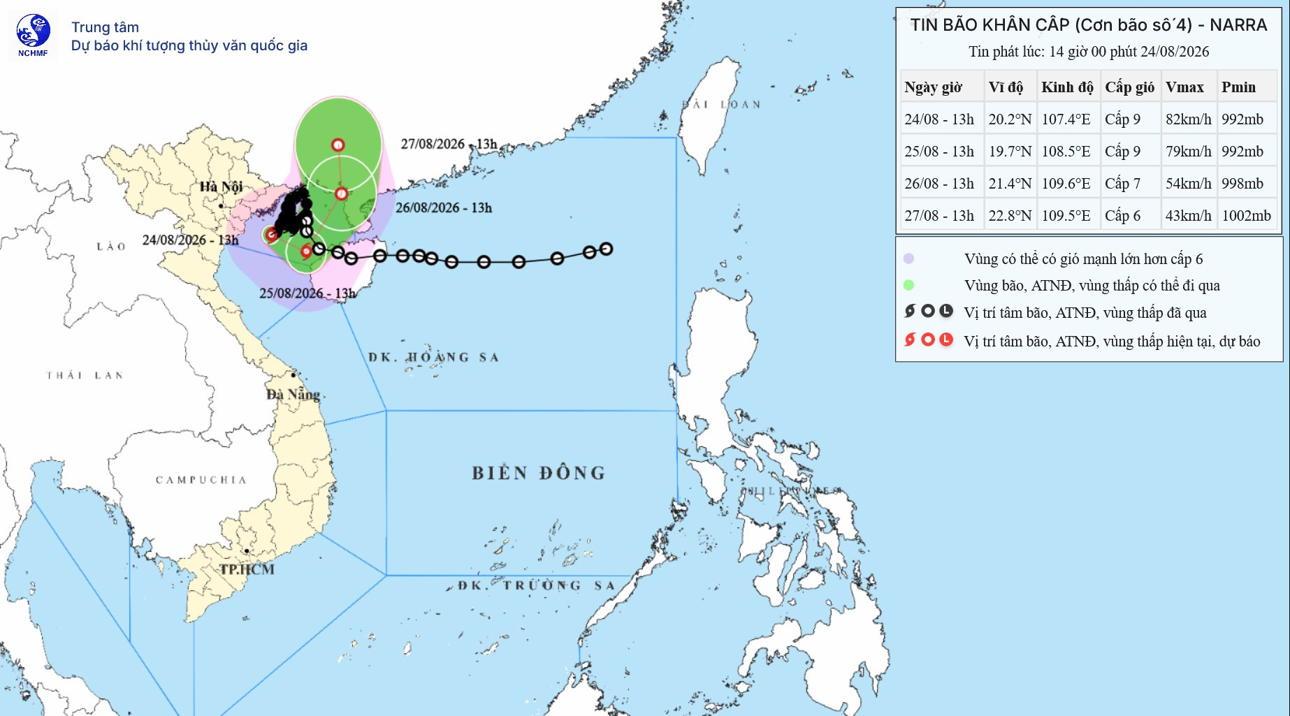 Hướng di chuyển của bão số 4 NARRA lúc 14:00 chiều ngày 24/8