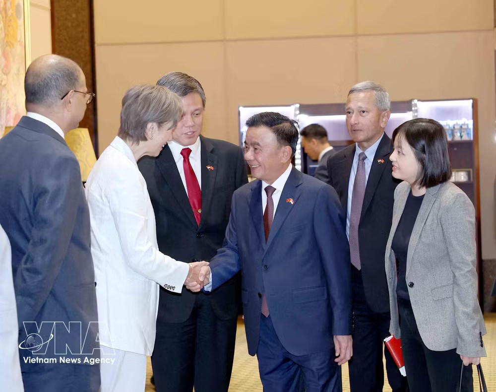 Singaporean officials welcome Member of the Political Bureau and Standing Member of the Secretariat of the Communist Party of Vietnam Central Committee Tran Cam Tu on August 25. (Photo: VNA) vnanet-potal-le-don-uy-vien-bo-chinh-tri-thuong-truc-ban-bi-thu-tran-cam-tu-tham-chinh-thuc-singapore-8979411.jpg