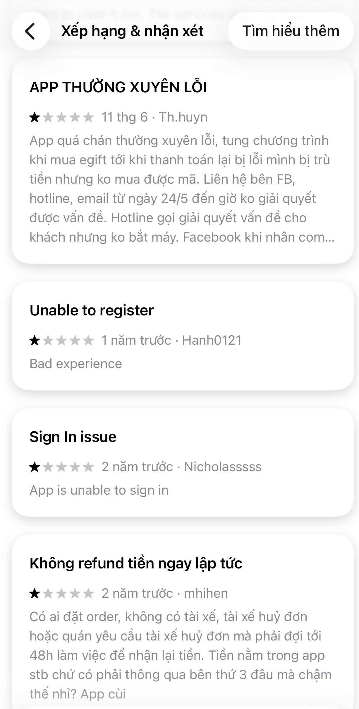 Phản ánh của người dùng trên Appstore