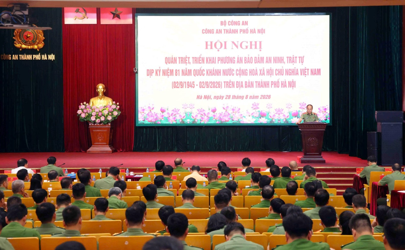 Toàn cảnh Hội nghị quán triệt, triển khai Phương án bảo đảm an ninh, trật tự dịp kỷ niệm 81 năm Quốc khánh 2/9 trên địa bàn thành phố Hà Nội. (