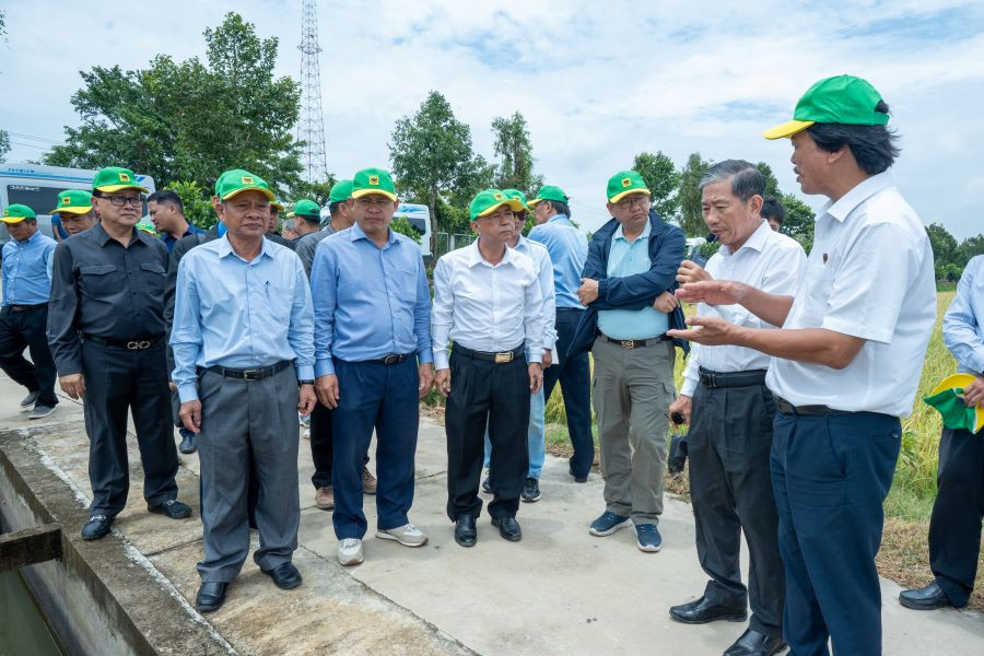 Đoàn Bộ Nông nghiệp, Lâm nghiệp và Thủy sản Campuchia tham quan, đánh giá thực tế ruộng lúa và trao đổi về hiệu quả các mô hình canh tác lúa thông minh tại Viện lúa ĐBSCL