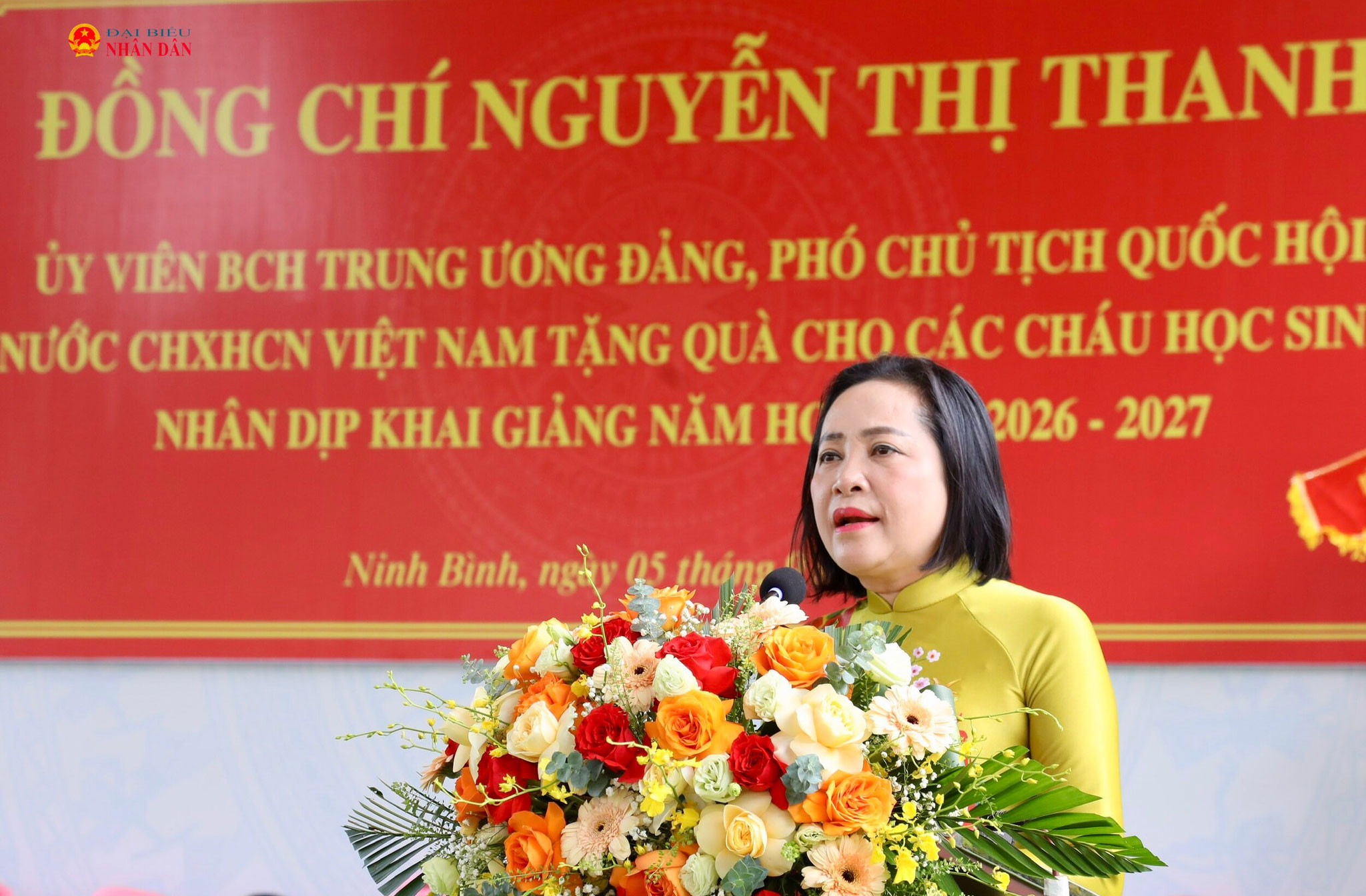 Phó Chủ tịch Quốc hội Nguyễn Thị Thanh phát biểu tại Trường Mầm non Hoa Lư - Phân hiệu Ninh Nhất, phường Hoa Lư