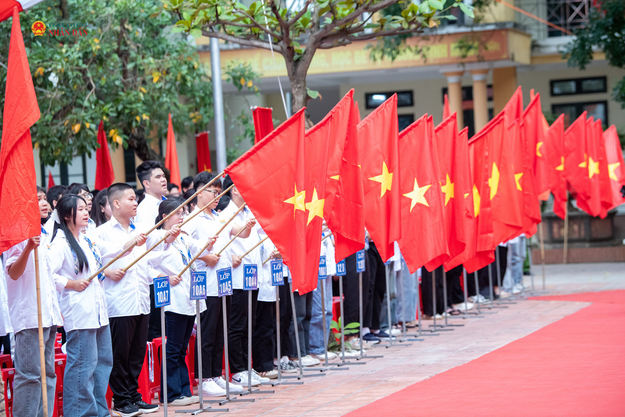 Các em học sinh trường Lê Quý Đôn thực hiện nghi thức chào cờ.1