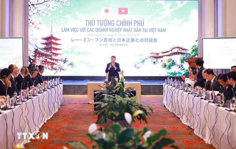 Thủ tướng Lê Minh Hưng làm việc với các doanh nghiệp Nhật Bản tại Việt Nam. (Ảnh: Dương Giang/TTXVN)