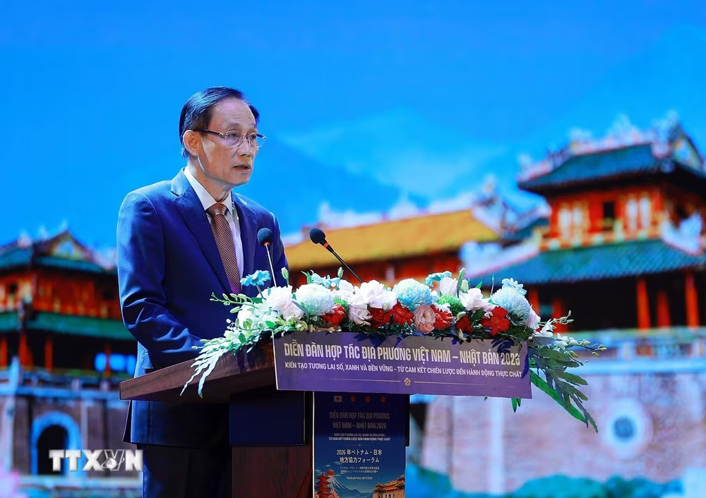 Bộ trưởng Ngoại giao Lê Hoài Trung phát biểu khai mạc Diễn đàn Hợp tác địa phương Việt Nam-Nhật Bản năm 2026. (Ảnh: Dương Giang/TTXVN) Bộ trưởng Ngoại giao Lê Hoài Trung phát biểu khai mạc Diễn đàn Hợp tác địa phương Việt Nam-Nhật Bản năm 2026