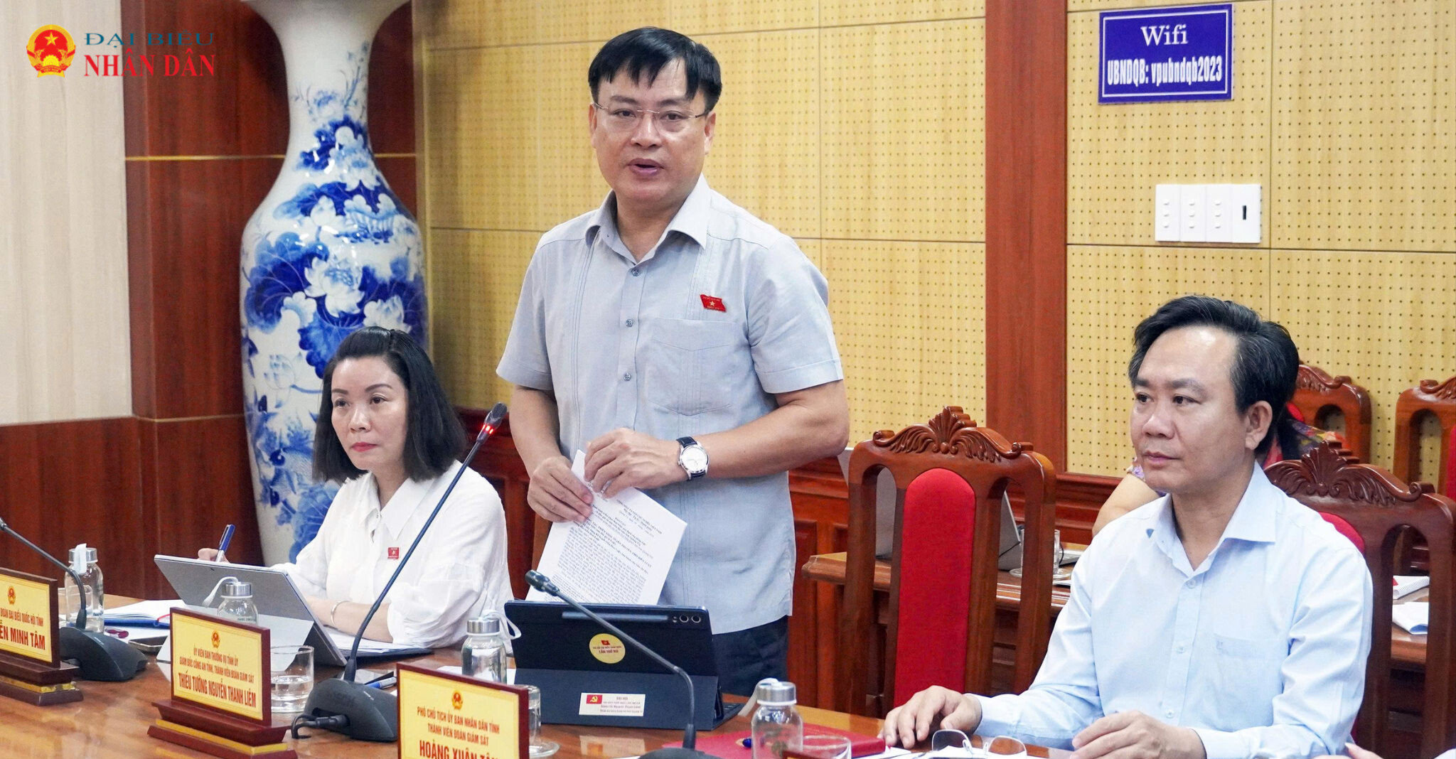 Giám đốc Công an tỉnh Quảng Trị, Thiếu tướng Nguyễn Thanh Liêm - thành viên Đoàn giám sát phát biểu tại buổi làm việc. (Ảnh báo in)