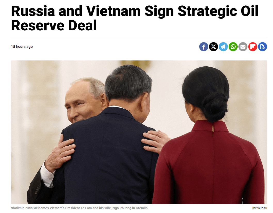 Moscow Times thông tin ”Nga và Việt Nam ký kết thỏa thuận dự trữ dầu chiến lược”