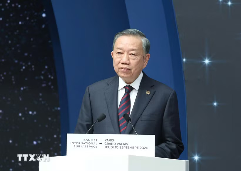 Tổng Bí thư, Chủ tịch nước Tô Lâm phát biểu tại Phiên chính thức Hội nghị Thượng đỉnh Không gian vũ trụ. (Ảnh: Thống Nhất/TTXVN)