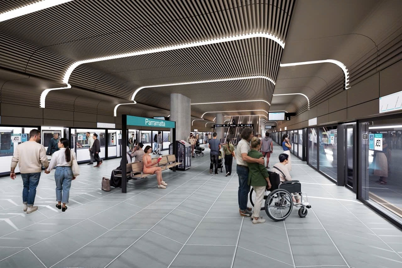 Phối cảnh bên ngoài và bên trong nhà ga tích hợp Parramatta, dự án metro thứ 3 tại Sydney do tập đoàn Gamuda xây dựng