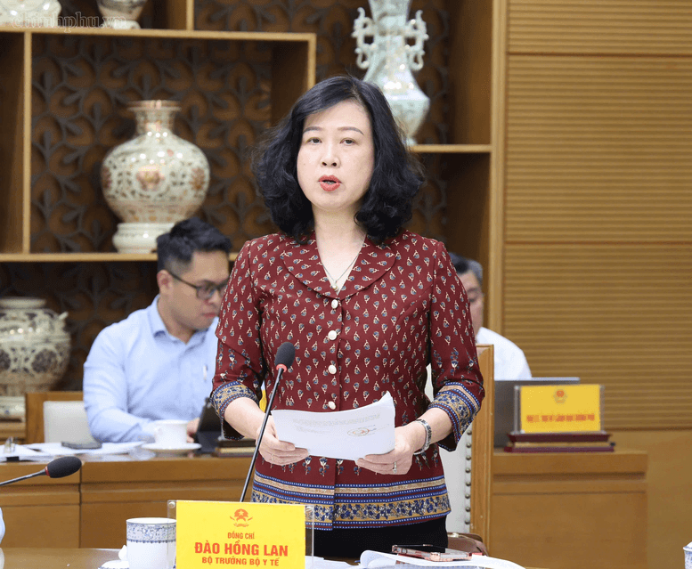 Bộ trưởng Bộ Y tế Đào Hồng Lan báo cáo tại cuộc họp